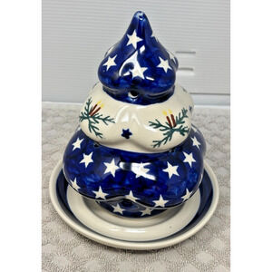 Boleslawiec Polish Pottery Peacock Tree Luminary Tea Light Holder w/ Plate